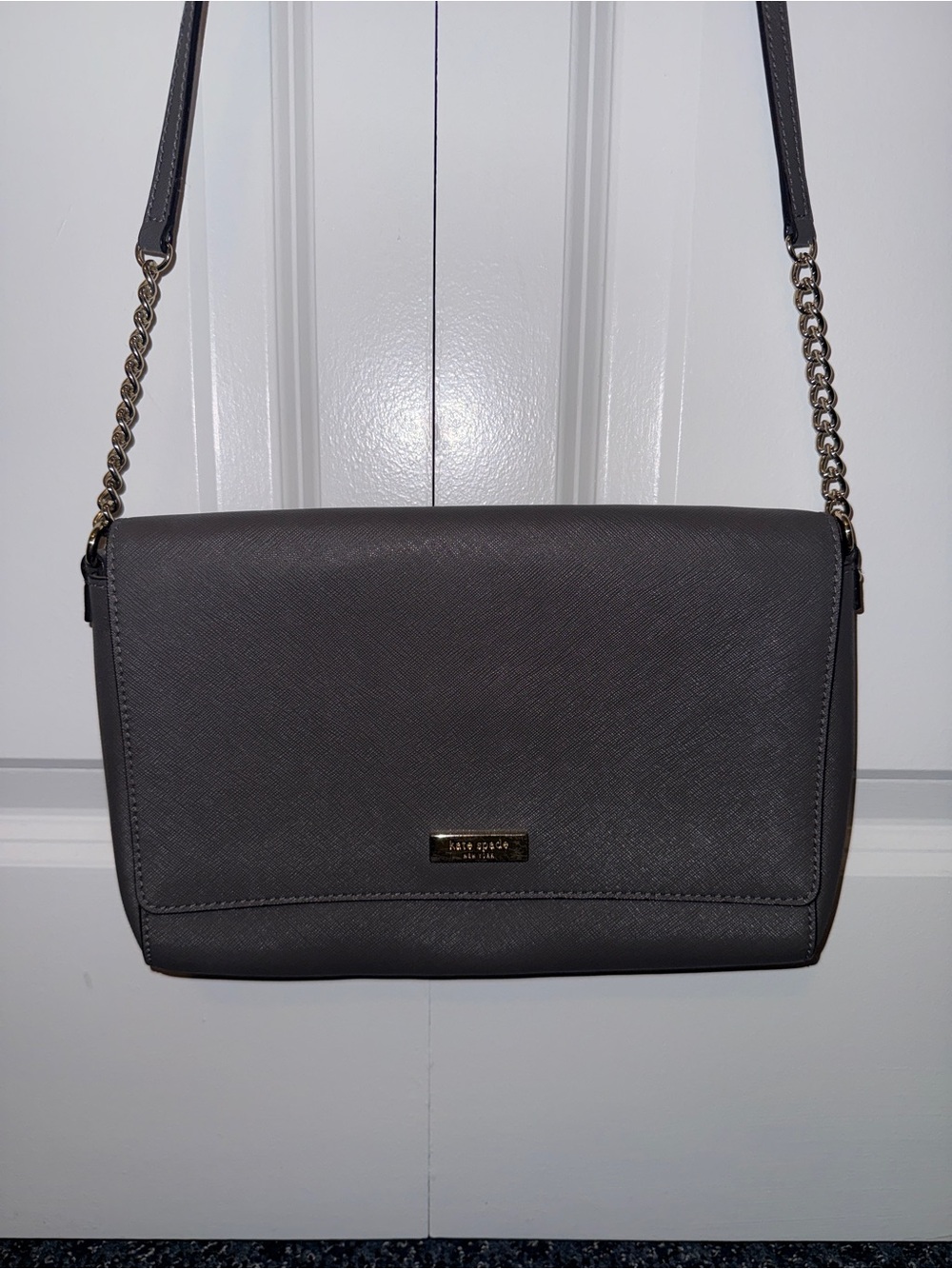 kate spade charcoal gray Saffiano Leather Crossbody with Gold Chain